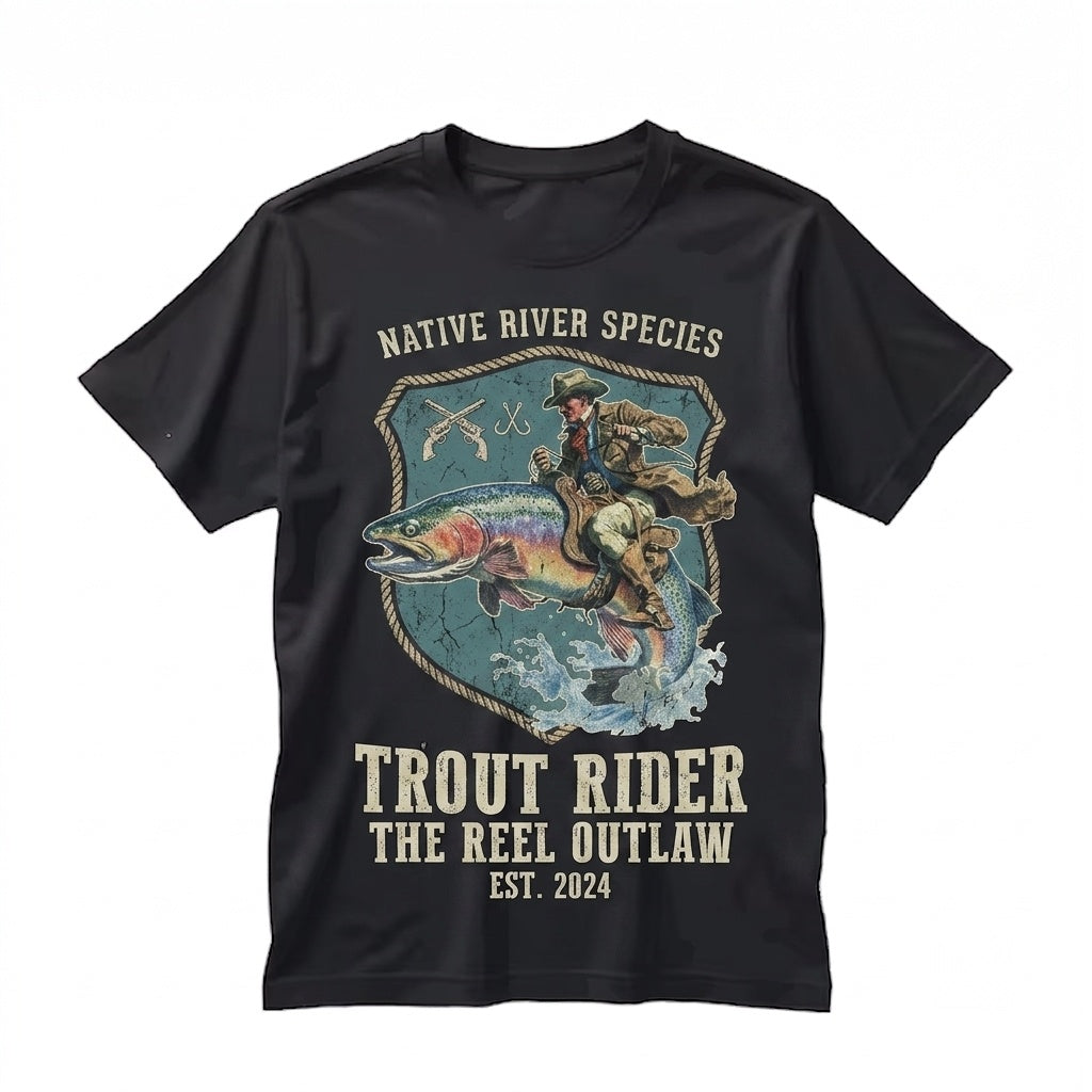 Cowboy Riding Rainbow Trout Fishing Club Rodeo Graphic Genuine Unisex TShirt