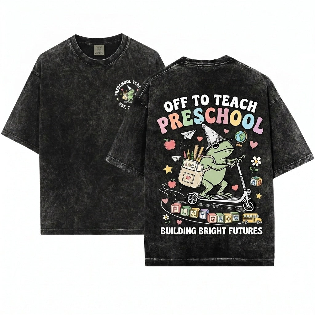 Funny Frog Riding Scooter Off To Teach Preschool Teacher First Day Of School Gift Unisex Wash T-Shirt