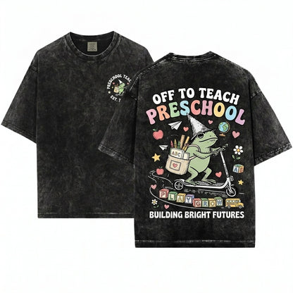 Funny Frog Riding Scooter Off To Teach Preschool Teacher First Day Of School Gift Unisex Wash T-Shirt