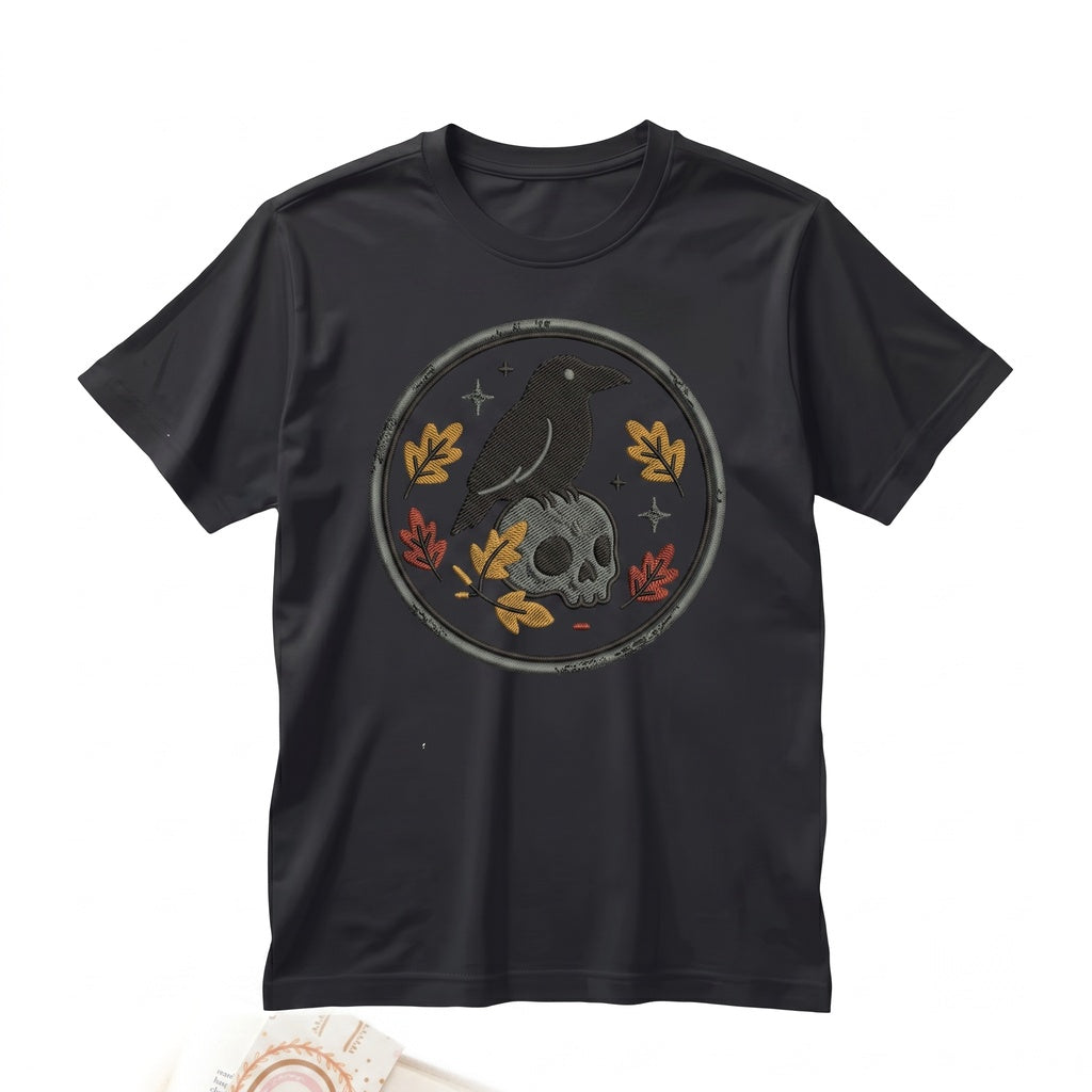Embroidered Raven Crow Skull Halloween Spooky Fall Gothic Bird Boo Basket Gift Unisex TShirt