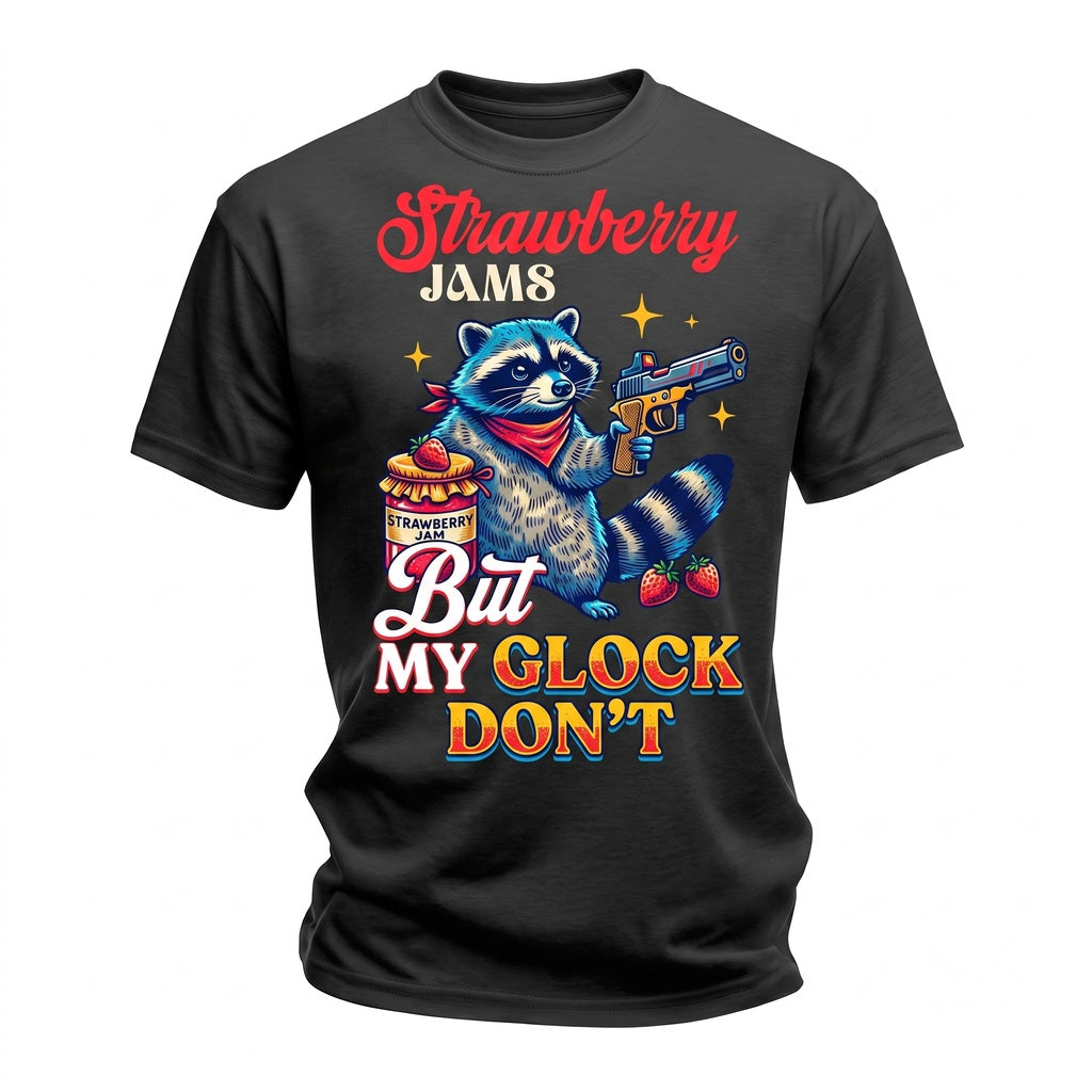 Funny Strawberry Jams Sarcastic Raccoon Gun Animal Meme Trash Panda Graphic Unisex TShirt