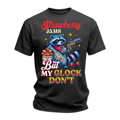 Funny Strawberry Jams Sarcastic Raccoon Gun Animal Meme Trash Panda Graphic Unisex TShirt