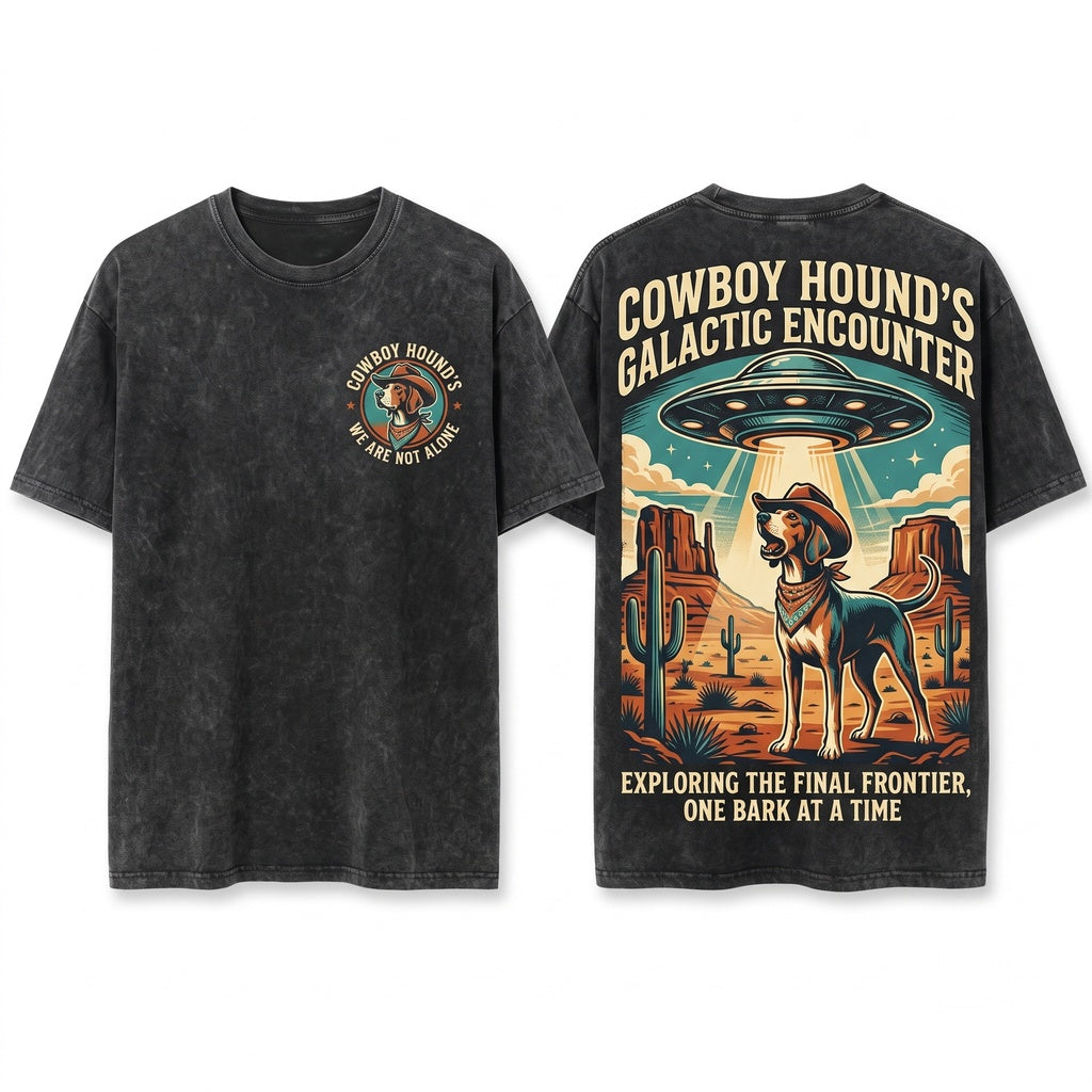 Vintage American Foxhound UFO Western Cowboy Retro Alien Dog Owner Gift Unisex Wash T-Shirt