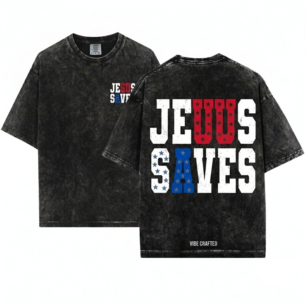 Jesus Saves Christian Patriotic USA Faith Based Graphic Fourth of July Religious Unisex Wash T-Shirt