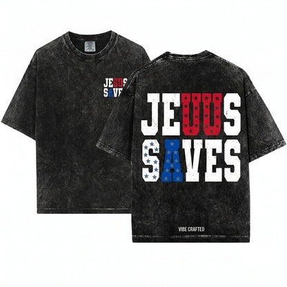 Jesus Saves Christian Patriotic USA Faith Based Graphic Fourth of July Religious Unisex Wash T-Shirt