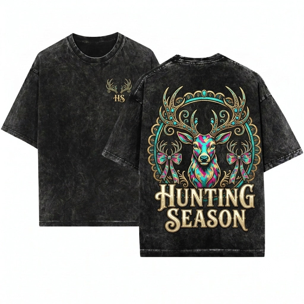 Preppy Hunting Season Deer Camo Bow Distressed Coquette Hunter Girl Fall Unisex Wash T-Shirt