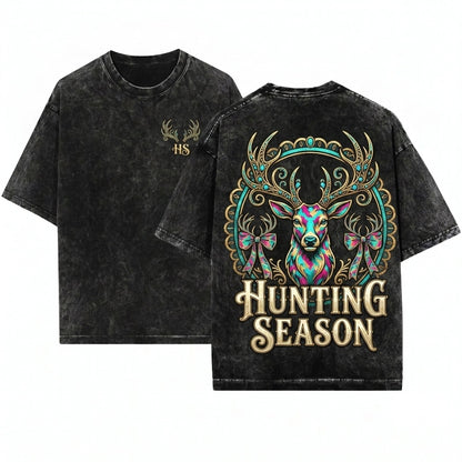 Preppy Hunting Season Deer Camo Bow Distressed Coquette Hunter Girl Fall Unisex Wash T-Shirt