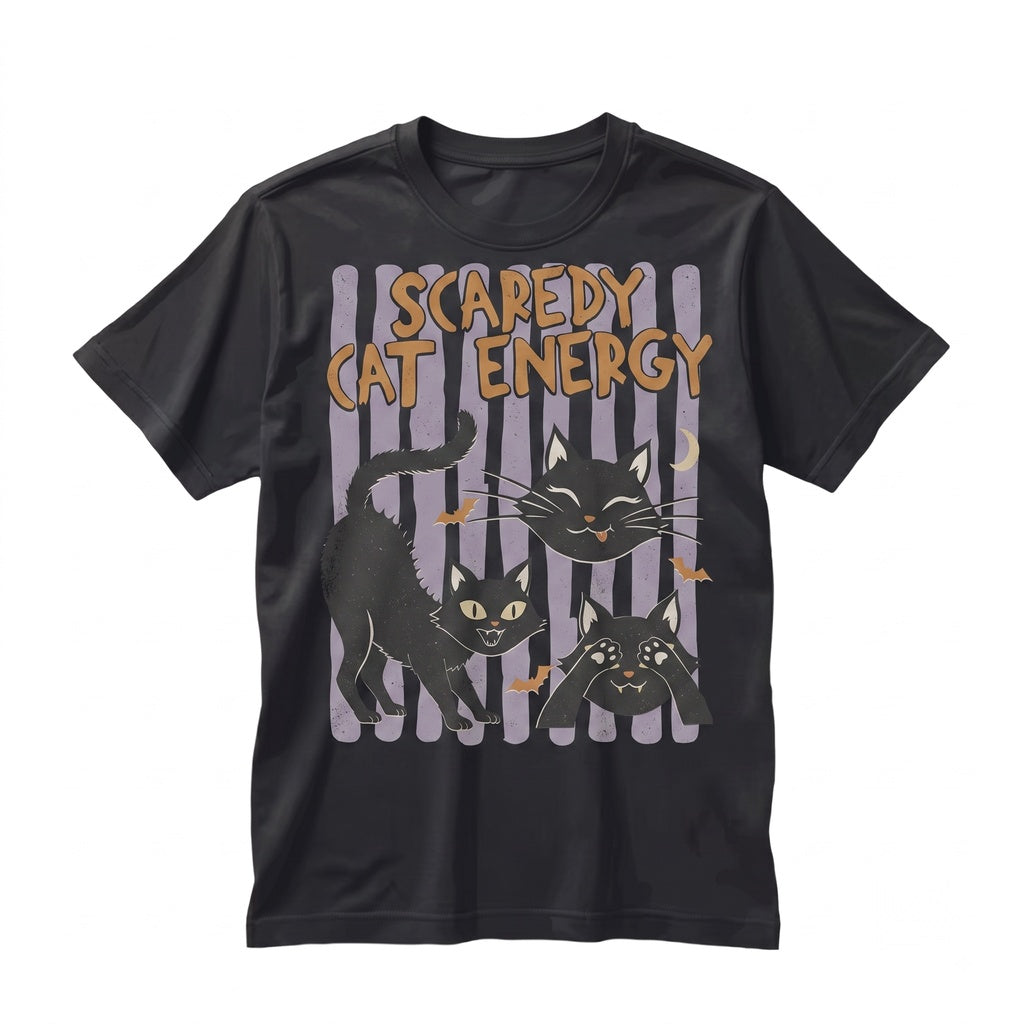 Scaredy Cat Energy Halloween Spooky Funny Vintage Garment Dyed Black Feline Graphic Unisex TShirt