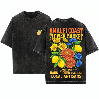 Amalfi Coast Italian Summer Flower Market Botanical Citrus 1717 Lemon Graphic Travel Unisex Wash T-Shirt