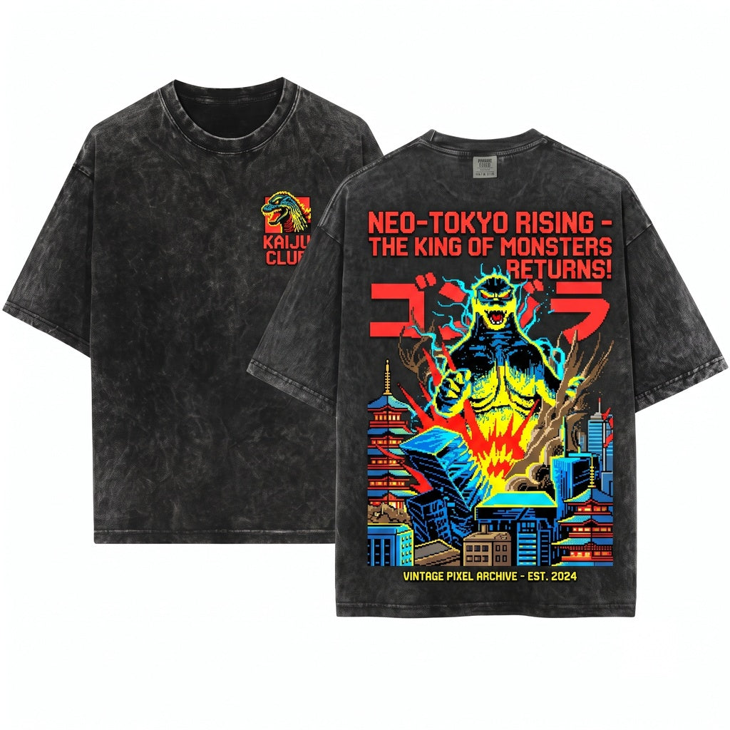 8-Bit Japanese Retro Gojira Sci-Fi Movie Graphic Kaiju Monster Unisex Wash T-Shirt