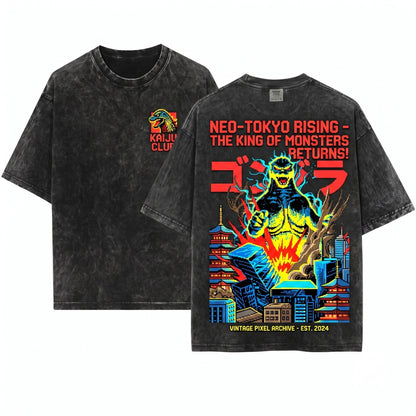 8-Bit Japanese Retro Gojira Sci-Fi Movie Graphic Kaiju Monster Unisex Wash T-Shirt