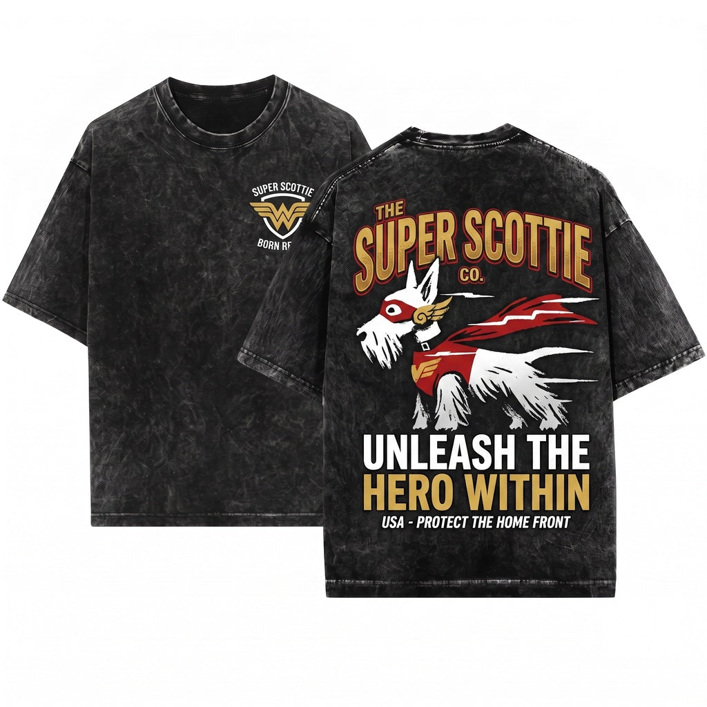 Comic Hero Scottish Terrier Dog Owner Scottie Mom Dad Lover Graphic Gift Unisex Wash T-Shirt
