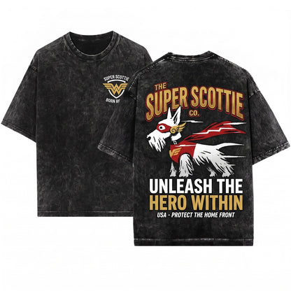 Comic Hero Scottish Terrier Dog Owner Scottie Mom Dad Lover Graphic Gift Unisex Wash T-Shirt