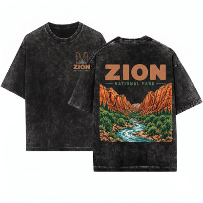 Retro Zion National Park Graphic Utah Canyon Outdoor Western Nature Gift Adventure Unisex Wash T-Shirt