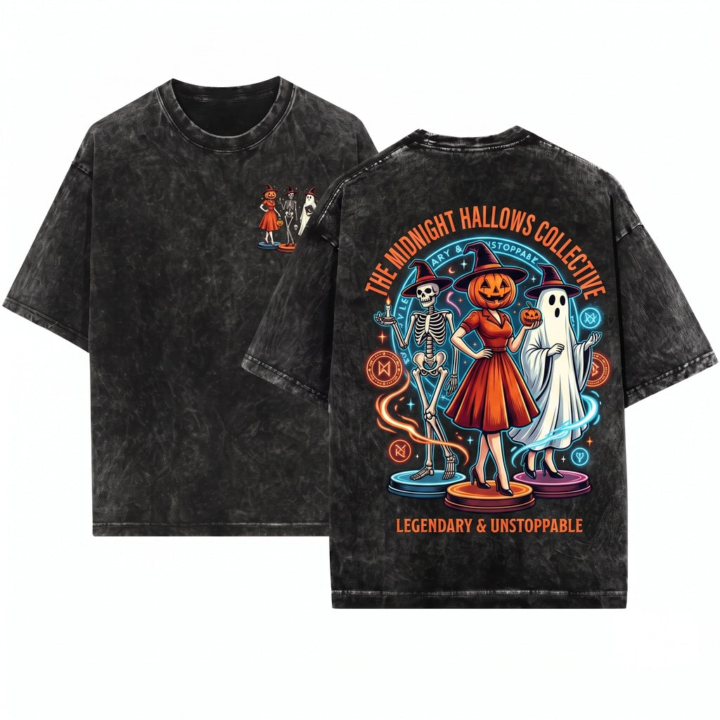 Spooky Girl Squad Skeleton Ghost Pumpkin Halloween Unisex Wash T-Shirt