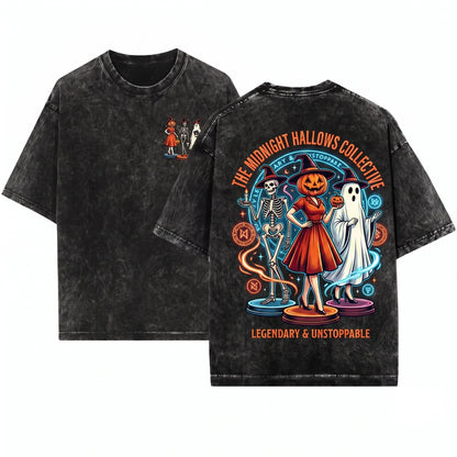 Spooky Girl Squad Skeleton Ghost Pumpkin Halloween Unisex Wash T-Shirt