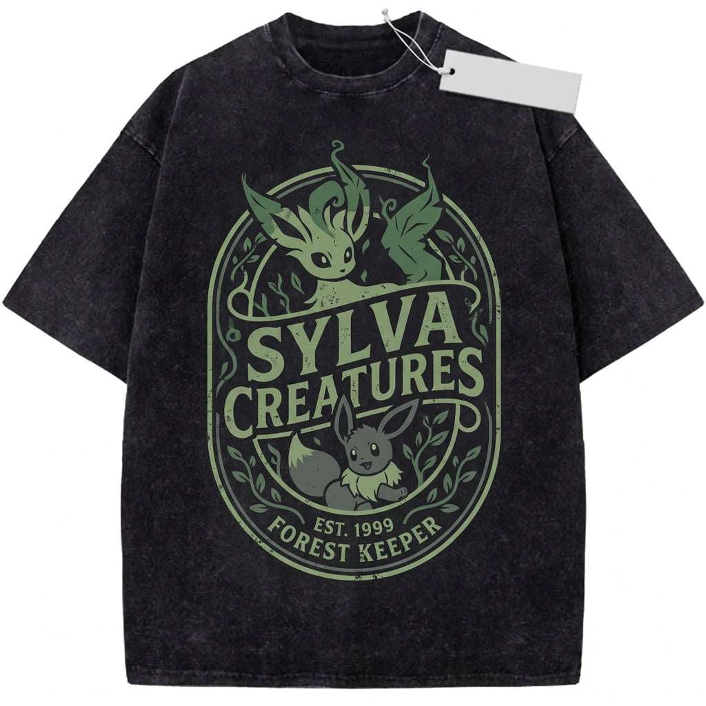 Vintage Wash Leaf Fox Anime Graphic Oversized Mineral Garment Dyed Nature Spirit Unisex TShirt