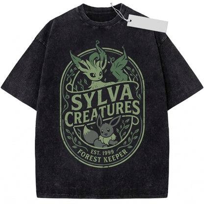 Vintage Wash Leaf Fox Anime Graphic Oversized Mineral Garment Dyed Nature Spirit Unisex TShirt