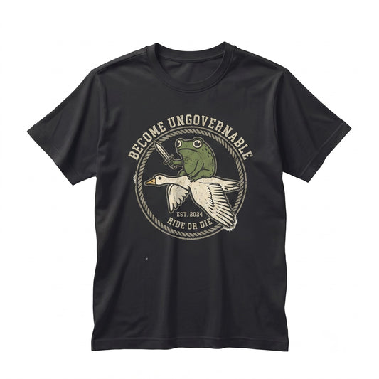 Become Ungovernable Embroidered Frog Riding Goose Funny RPG Gamer Unisex TShirt