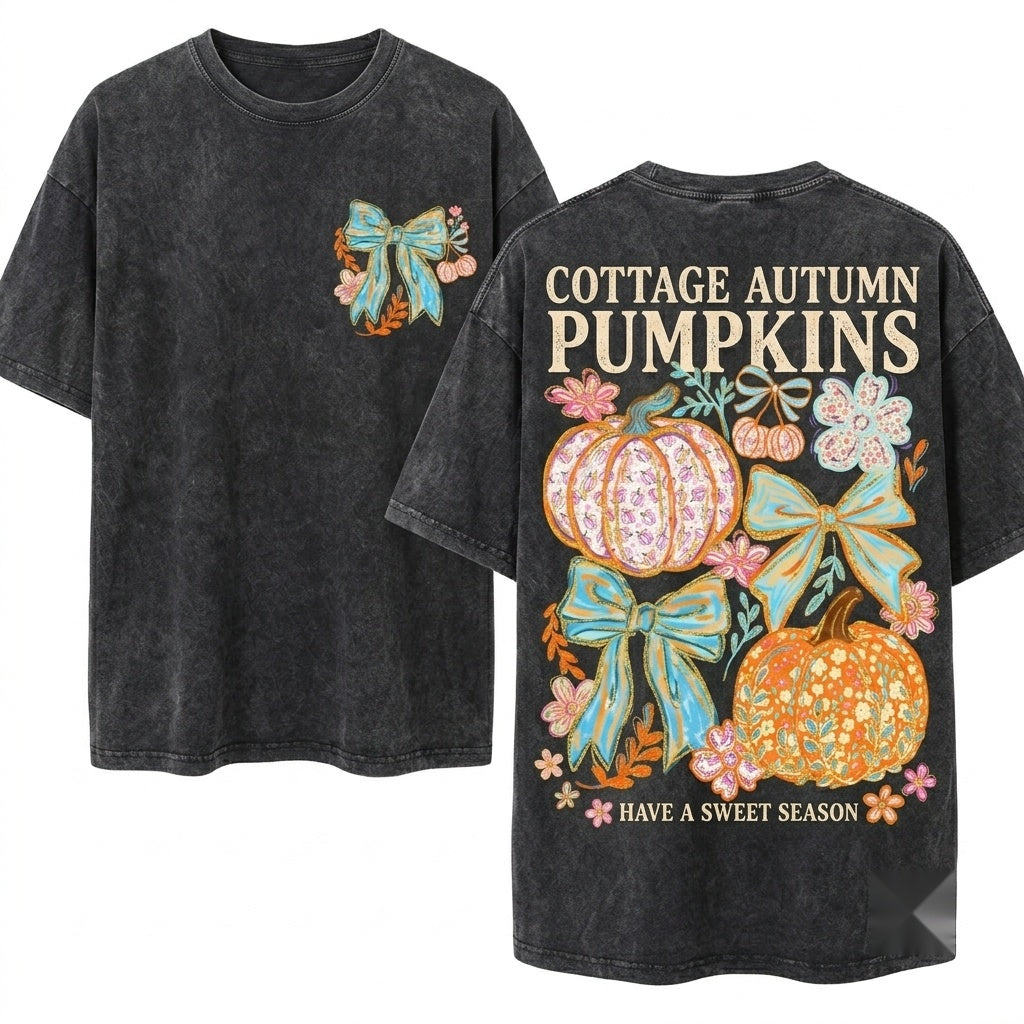 Colorful Floral Coquette Brushstroke Glitter Bow Pumpkin Autumn Thanksgiving Girly Unisex Wash T-Shirt