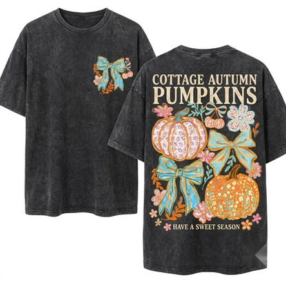 Colorful Floral Coquette Brushstroke Glitter Bow Pumpkin Autumn Thanksgiving Girly Unisex Wash T-Shirt
