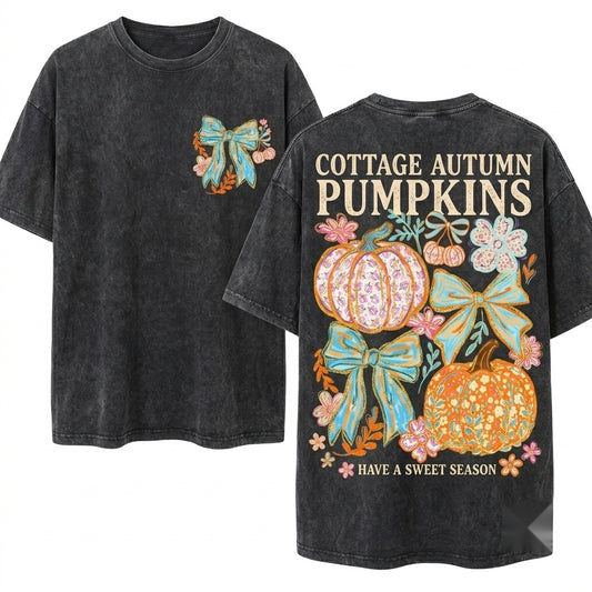 Colorful Floral Coquette Brushstroke Glitter Bow Pumpkin Autumn Thanksgiving Girly Unisex Wash T-Shirt