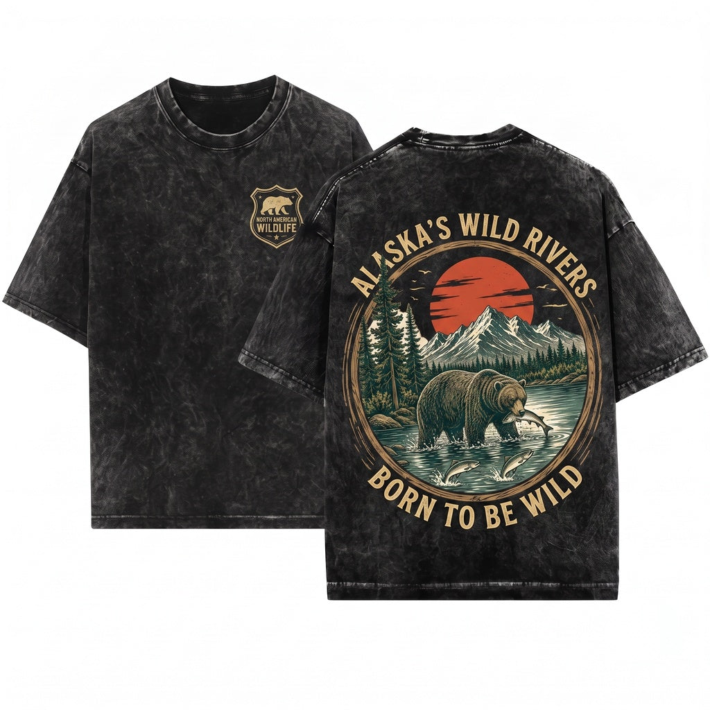 Bear Fishing Mountain Wilderness Graphic Rustic Outdoors Vintage Forest Nature Lover Gift Him Unisex Wash T-Shirt