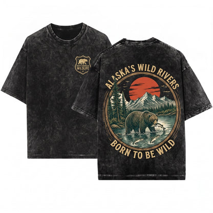 Bear Fishing Mountain Wilderness Graphic Rustic Outdoors Vintage Forest Nature Lover Gift Him Unisex Wash T-Shirt