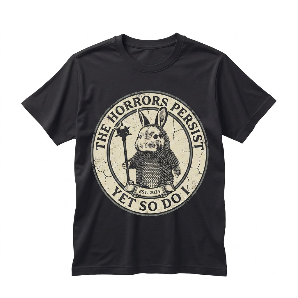 The Horrors Persist But So Do I Cute Bunny Sarcastic Meme Funny Mental Health Feral Deadly Unisex TShirt