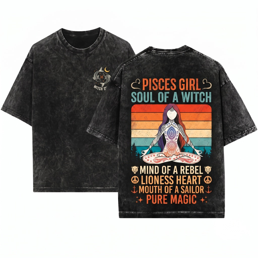 Pisces Girl Soul Witch Horoscope Zodiac Astrological Sign February March Birthday Gift Present Unisex Wash T-Shirt