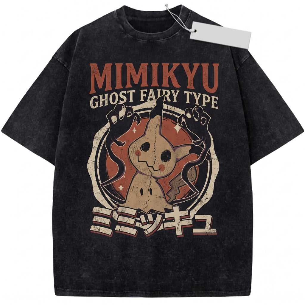 Mimikyu Cute Ghost Monster Anime Graphic Retro Acid Wash Oversized Gamer Gift Unisex TShirt