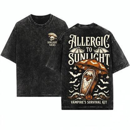 Allergic To Sunlight Funny Gothic Vampire Halloween Spooky Humor Vintage Unisex Wash T-Shirt