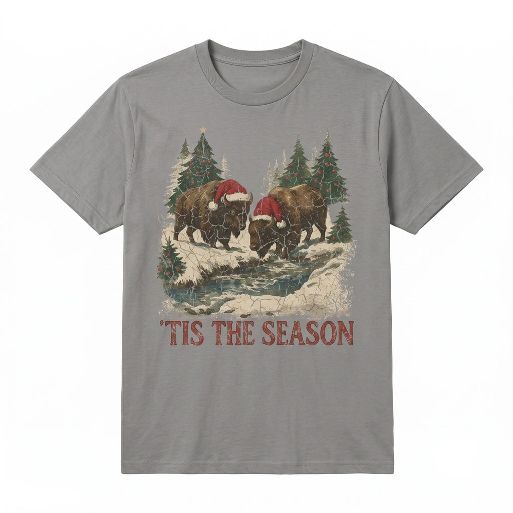 Cozy Christmas Bison Holiday Wildlife Western Winter Hats Animal Crewneck Graphic Unisex TShirt