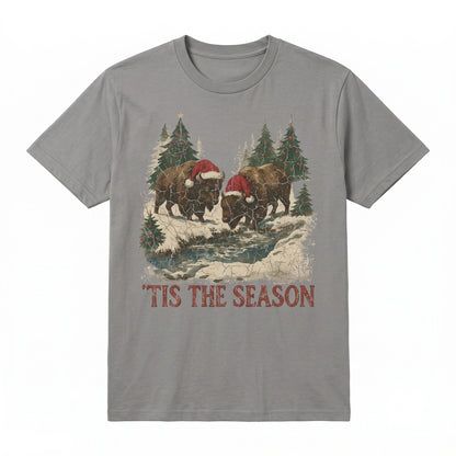 Cozy Christmas Bison Holiday Wildlife Western Winter Hats Animal Crewneck Graphic Unisex TShirt