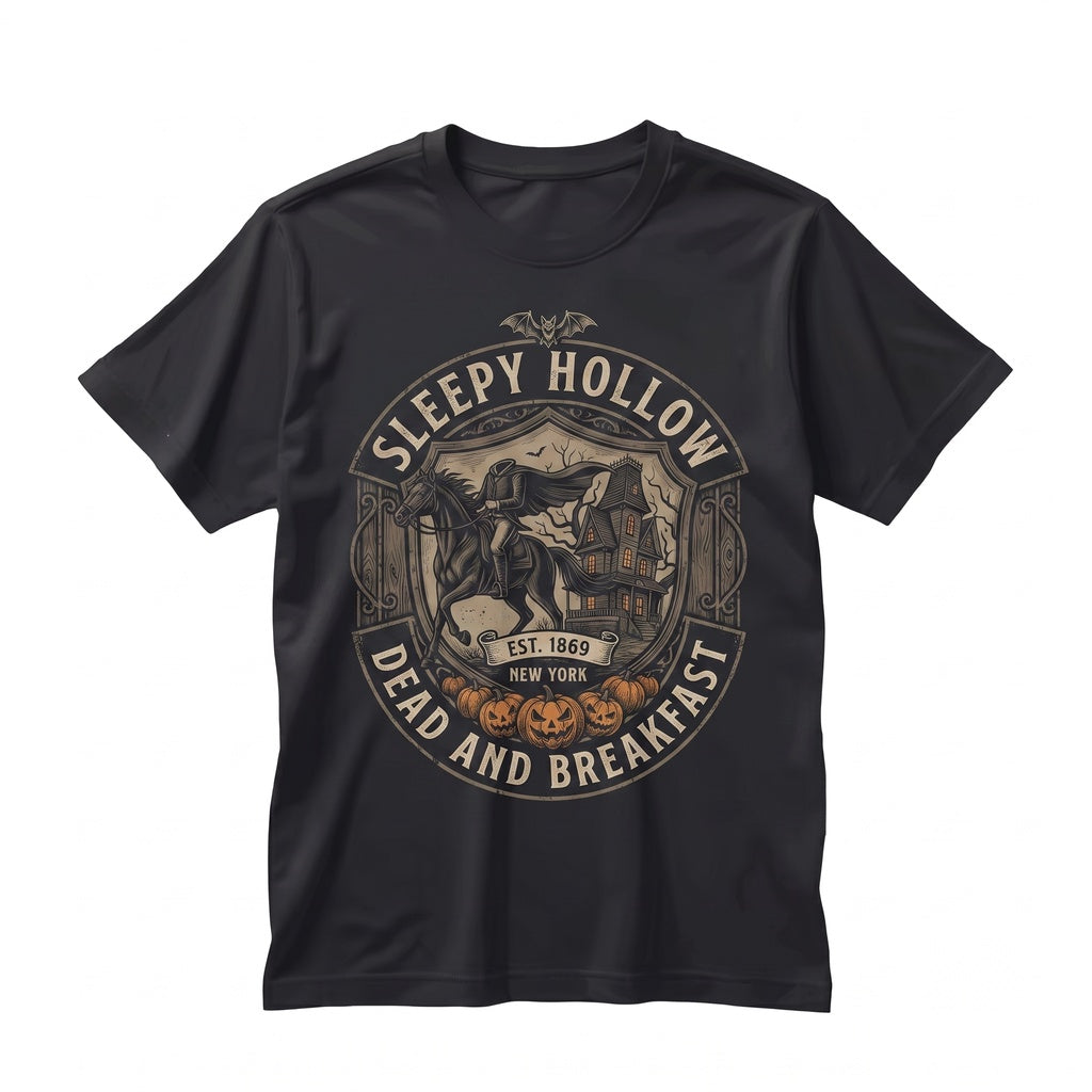 Haunted Inn Dead and Breakfast Funny Headless Horseman Crewneck Spooky Season Fall Graphic Halloween Costume Unisex TShirt