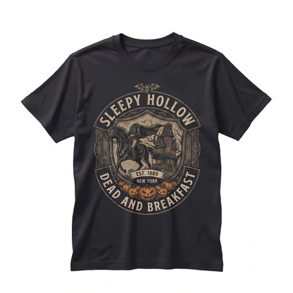 Haunted Inn Dead and Breakfast Funny Headless Horseman Crewneck Spooky Season Fall Graphic Halloween Costume Unisex TShirt