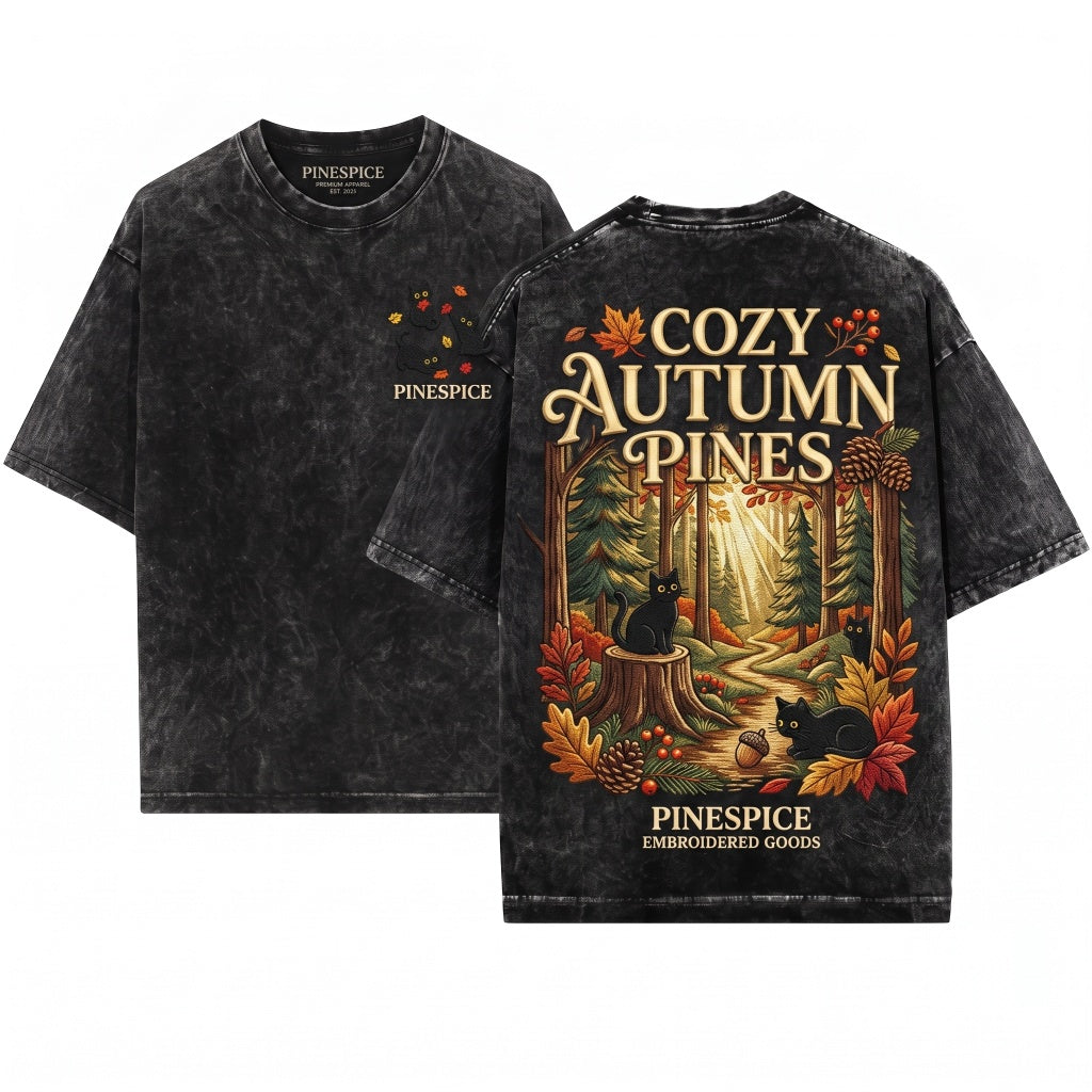 Cute Black Cat Autumn Fall Leaves Embroidered Cozy Halloween Unisex Wash T-Shirt