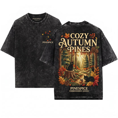 Cute Black Cat Autumn Fall Leaves Embroidered Cozy Halloween Unisex Wash T-Shirt