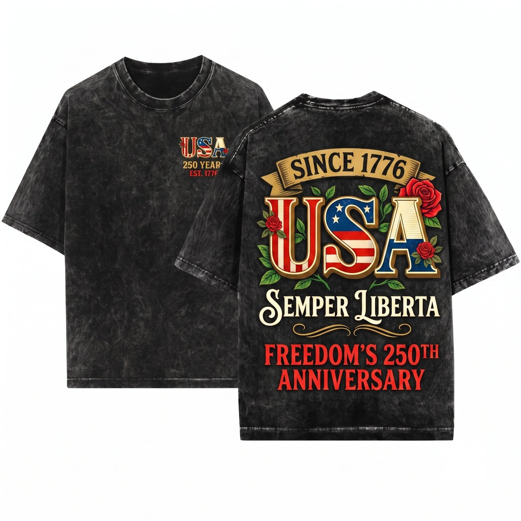 Retro USA 250 Years Of Freedom Patriotic Graphic Unisex Wash T-Shirt