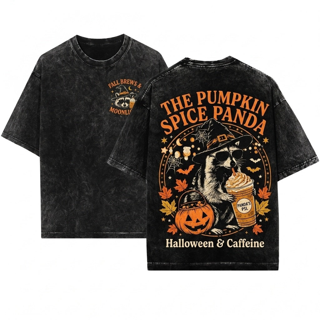 Cute Halloween Spooky Witch Raccoon Drinking Pumpkin Spice Coffee Lover Autumn Fall Graphic Gift Unisex Wash T-Shirt