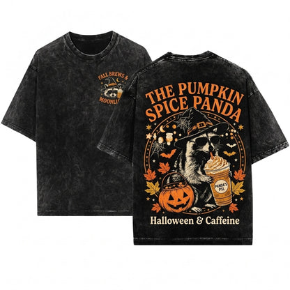 Cute Halloween Spooky Witch Raccoon Drinking Pumpkin Spice Coffee Lover Autumn Fall Graphic Gift Unisex Wash T-Shirt