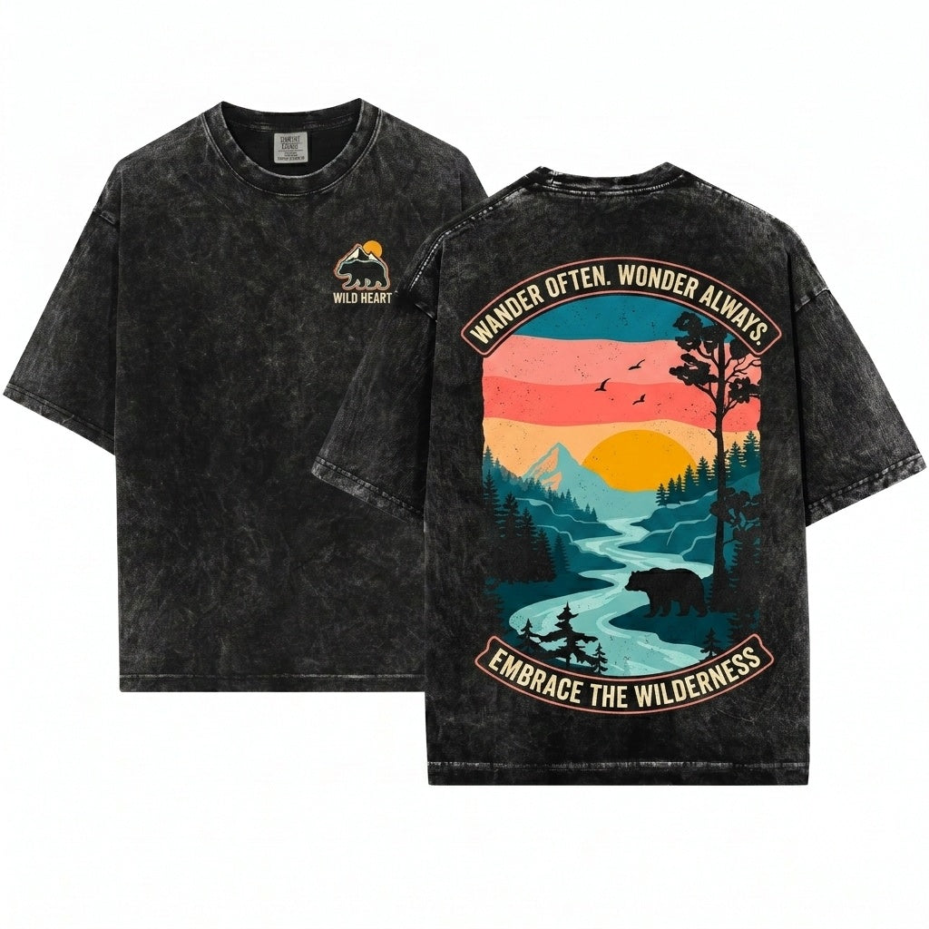 Retro Wilderness Bear River Mountain Forest Nature Rustic Outdoor Explorer Style Wildlife Gift Unisex Wash T-Shirt