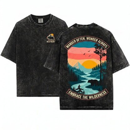 Retro Wilderness Bear River Mountain Forest Nature Rustic Outdoor Explorer Style Wildlife Gift Unisex Wash T-Shirt