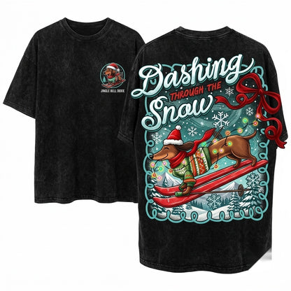 Preppy Dachshund Through The Snow Merry Christmas Coquette Dog Tis The Season Graphic Unisex Wash T-Shirt