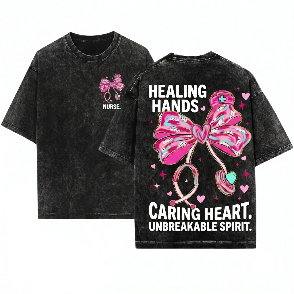 Cute Pink Brushstroke Nurse Stethoscope Heart Graphic Medical Bow Valentine Unisex Wash T-Shirt