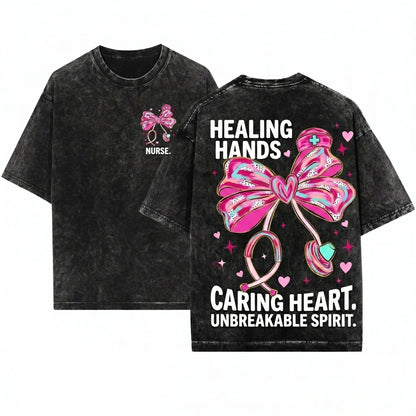 Cute Pink Brushstroke Nurse Stethoscope Heart Graphic Medical Bow Valentine Unisex Wash T-Shirt