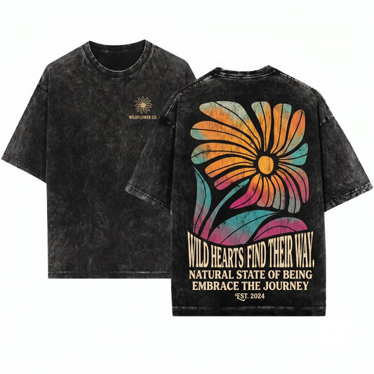 Boho Floral Bold Flower Oversized Retro Graphic Cottagecore Print Vintage Summer Aesthetic Tops Unisex Wash T-Shirt