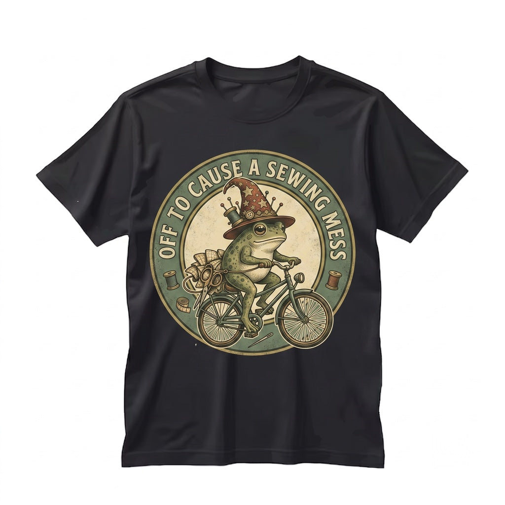 Off To Cause A Sewing Mess Funny Frog Meme Gift For Quilter Seamstress Grandma Unisex TShirt