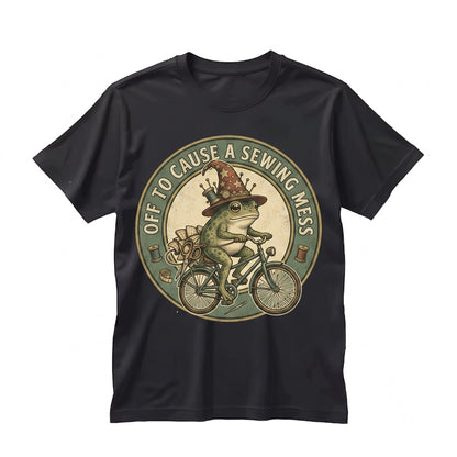 Off To Cause A Sewing Mess Funny Frog Meme Gift For Quilter Seamstress Grandma Unisex TShirt