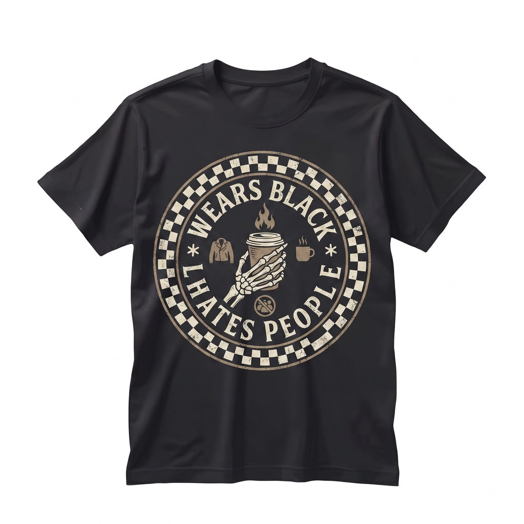 Funny Wears Black Loves Coffee Hates People Spooky Creepy Cute Alt Goth Graphic Unisex TShirt